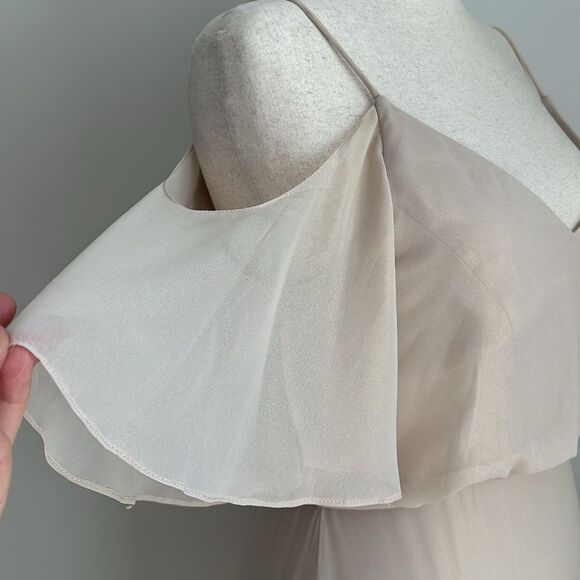 After Six Lux Shim V Neck Cold Shoulder Flounce Dress Bridesmaid in Gold Sz.10L - Picture 10 of 11